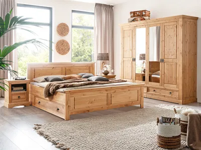 Schlafzimmer mit Kleiderschrank Doppelbett Nachttisch Bettkasten