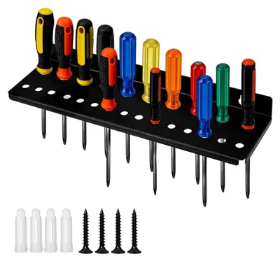 Produktbild von Wandhalterung für Werkzeuge 35 cm – Schraubendreherhalter mit 25 Löchern aus Kohlenstoffstahl, Metall Werkzeugorganizer zur Wandmontage, Schwarz, inklusive Schrauben und Dübel, für Garage, Werkstatt und Werkbank
