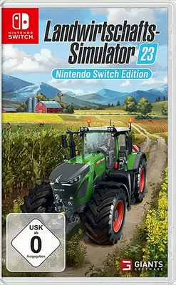 The image shows the cover art for the Nintendo Switch game 'Landwirtschafts-Simulator 23'. It features a tractor in a field with a farm and mountains in the background. There are also rating symbols and logos present.