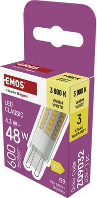 LED žárovka Classic JC / G9 / 4,3 W (48 W) / 600 lm / teplá bílá