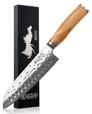 Santoku-Messer Damast 17 cm, 10Cr Stahl, Olivenholzgriff