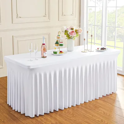 Zdjęcie produktu dla Elastyczna (spandexowa) obrus, prostokątny, wymiary 183x76x74 cm, kolor biały, możliwość prania, odporny na zagniecenia, idealny na imprezy, wydarzenia, wesela, bankiety