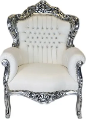 Produktbild von Casa Padrino Barock Sessel King Weiss Lederoptik / Silber mit Bling Bling Glitzersteinen - Lounge Möbel