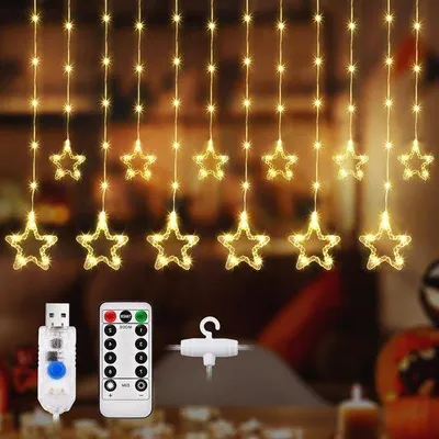 Productafbeelding van Sfeervolle LED Sterren Gordijnverlichting voor Binnen en Buiten - Warm Witte Lichten voor Feestelijke Decoratie