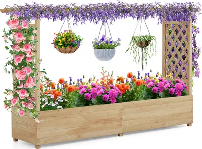 A wooden raised garden bed filled with colorful flowers and climbing plants, with hanging baskets suspended above.