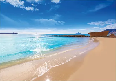 Produktbild von Wallario Poster - Traumstrand unter blauem Himmel, Kunstdruck Größe: 70 x 100 cm