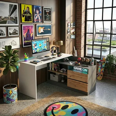 Produktbild von ULWEHOME Eck-Schreibtisch 120 x 50 cm, Schubladen, grau-weiß matt, Regal, funktionale Büromöbel, Schreibtisch zum Lernen und Arbeiten, Home Office