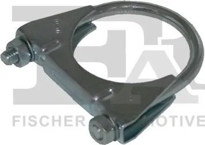 A metal exhaust clamp on a white and gray background.