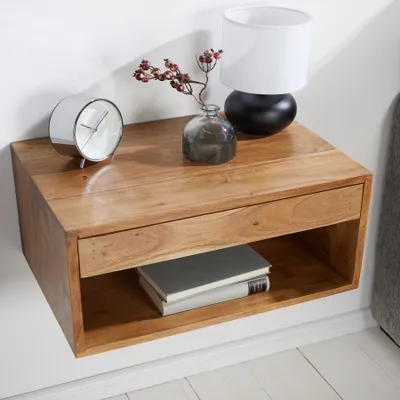 Produktbild von riess-ambiente Hängender Nachttisch PURE 50cm hellbraun Akazie Massivholz Regal mit Schublade Nachtschrank Nachtkästchen