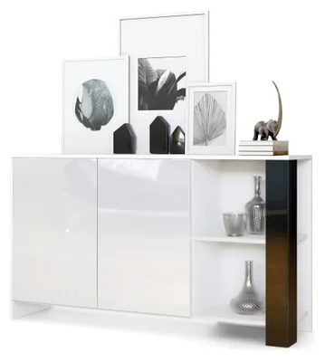 Produktbild von Sideboard Canto,  Germany, Lange Anrichte mit 2 Türen und 6 Fächern, Korpus Weiß matt, Fronten Weiß Hochglanz, Nachbildung-Paneele Schwarz Hochglanz (143 x 81 x 36 cm)