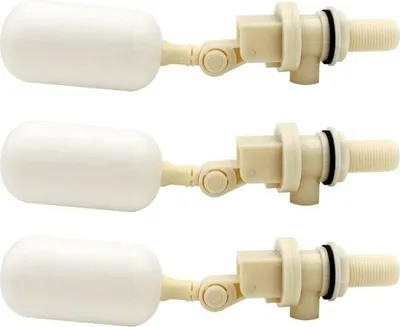 Three identical float valves are arranged vertically against a white background.
