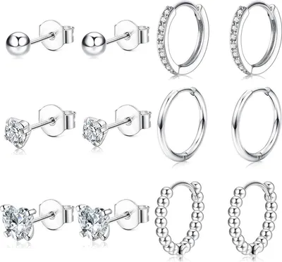 Image de 6 paires de boucles d'oreilles Argent 925 Zirconium Créoles Set Hypoallergénique Femmes Filles