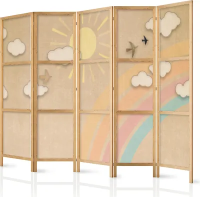 Produktbild von 5-teiliger Einseitiger Vlies Japanischer Paravent - Holiday Sky - A rainbow on a sunny day and flying birds. 225x172 cm Für Kinder e-A-10138-bh-b