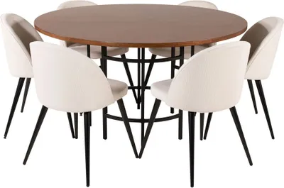 Produktbild von Copenhagen Essgruppe Esstisch braun und 6 Velvet Esszimmerstühle Samt beige, schwarz.