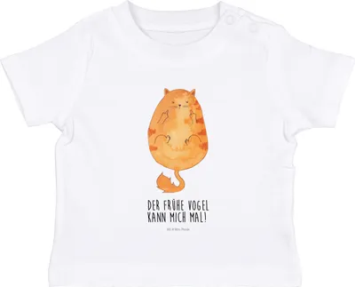 Produktbild von Mr. & Mrs. Panda Babyshirt Katze Frühaufsteher 0. - 6. Monat - Weiß - Geschenk, Baby T-Shirt, Baumwollshirt, Mittelfinger, , Tiger, Katzen, Genervt, Verschlafen
