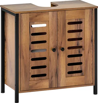 Image de Meuble sous lavabo - Meuble de salle de bain - Design industriel - 2 portes à lamelles - 60×30×60 cm - Marron rustique