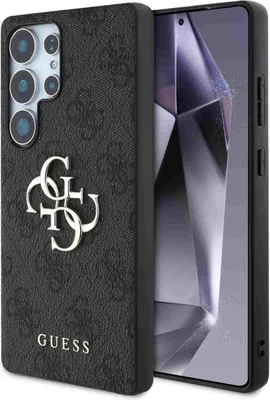 A black smartphone case with a Guess logo and pattern, shown next to a smartphone.