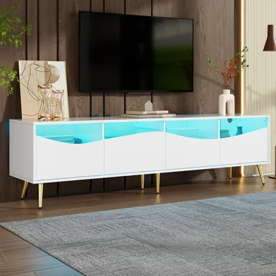 Image de MODFU Meuble TV Contemporain avec LED Intégré et Pieds Métalliques Dorés, Meuble Bas Élégant pour Salon - 180x40x50 cm, Blanc