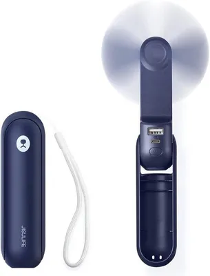 Zdjęcie produktu dla Miniaturowy ręczny wentylator – przenośny – ładowany przez USB – składany – czas pracy na baterii 14–21 godzin – z powerbankiem i latarką – niebieski