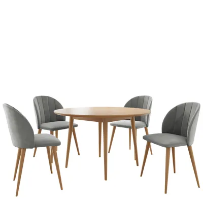 A round dining table with four chairs, presented on a white background.