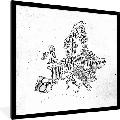 Produktbild von MuchoWow® MuchoWow® Gerahmtes Poster Karte - Europa - Schwarz - Weiß 40x40 cm - Poster mit zchwarzem Bilderrahmen - Mit Rahmen - Wanddekoration Schlafzimmer