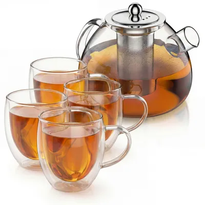Produktbild von Arendo Teekanne 1,5 l, Edelstahlsieb und 4 Thermogläsern 350 ml, doppelwandige Gläser mit Henkel, aus Borosilikatglas, Glaskanne, 6 Teile, transparent und silberfarben