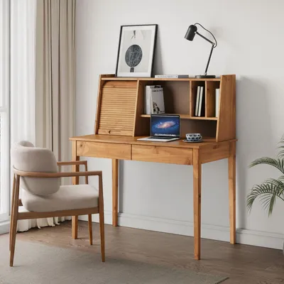Produktbild von Schreibtisch ALISA mit 2 Schubladen & Rollladen aus Massivholz, Eiche Finish - Schreibtisch aus Kiefernholz, Massivholz Schreibtisch mit Stauraum, ideal für Homeoffice und Arbeitszimmer