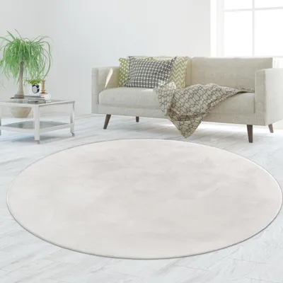 A round white rug is placed on a light-colored floor in front of a sofa.