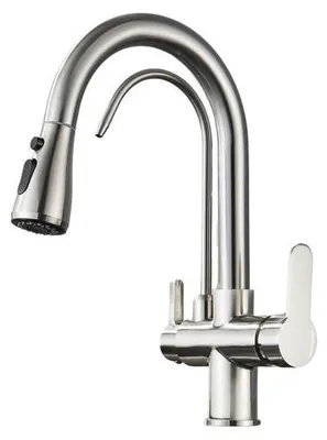 Produktbild von 3-Wege Küchenarmatur NORDIC mit Wasserfilter-Anschluss, herausziehbare Brause, 360° schwenkbar, getrennte Wasserwege, Keramikkartusche INOX
