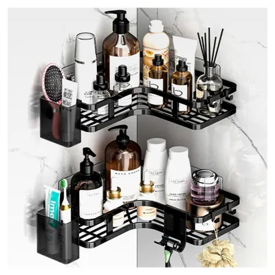 Produktbild von Eckregal für die Dusche ohne Bohren, 2 Stück, Badezimmer Organizer mit 4 Haken, Duschablage Zubehör, Shampoo Halterung für das Badezimmer in Schwarz