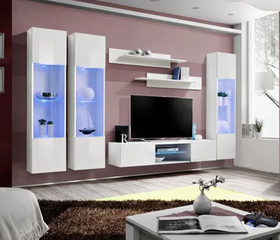 Produktbild von Modern Wohnwand Weiß Stil Designer TV Ständer Hänge Vitrine Luxus Wohnzimmer