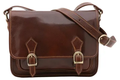 Immagine prodotto di Borsa a tracolla da donna, in vera pelle di vacchetta, con tasche con zip, prodotta in Italia