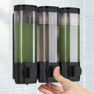Produktbild von Wandspender für Seife, Shampoo und Duschgel, 3er-Set, kein Bohren erforderlich, gleichmäßige Dosierung, auslaufsicher. Geeignet für Shampoo, Duschgel, Flüssigseife und Spülung. (Schwarz)