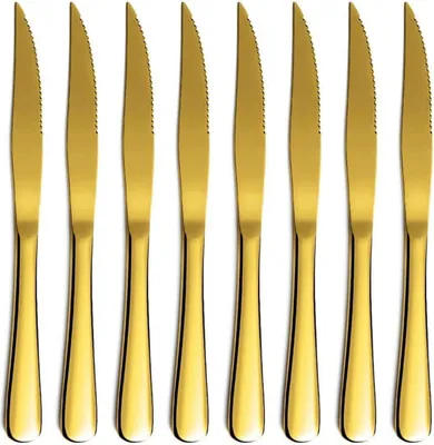 Produktbild von Goldenes Steakmesser Set 8-teilig Titanvergoldetes Edelstahl-Scharfmesser-Set Robust Spülmaschinenfest Ergonomischer Griff Perfekt für Hochzeiten