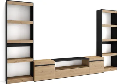 Image de COZY Ensemble Meuble TV, 320x35x186cm, Pour les TV jusqu'à 80", Salon Complet, Chêne et noir