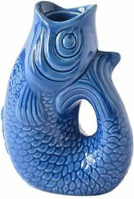 A blue ceramic pitcher shaped like a fish, shown against a white background.