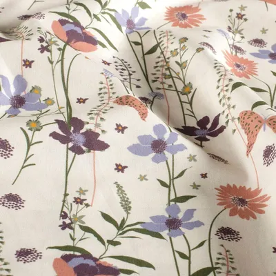 Produktbild von Baumwollstoff Meterware Popeline Stoff Blumen Schmetterlinge wollweiß lachsrosa blau 145cm bunt