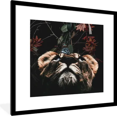 Produktbild von MuchoWow® MuchoWow® Gerahmtes Poster Tiger - Blumen - Schmetterling 40x40 cm - Poster mit zchwarzem Bilderrahmen - Poster - Plakat im Rahmen