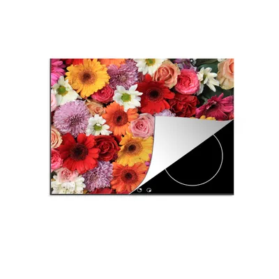 Produktbild von KitchenYeah© Herdabdeckplatte Blumen - Farben - Gerbera - Rosen , 59x52cm, Küche Deko, Glaskeramikkochfeld Herdabdeckung, Abdeckplatte fùr Kochfeld