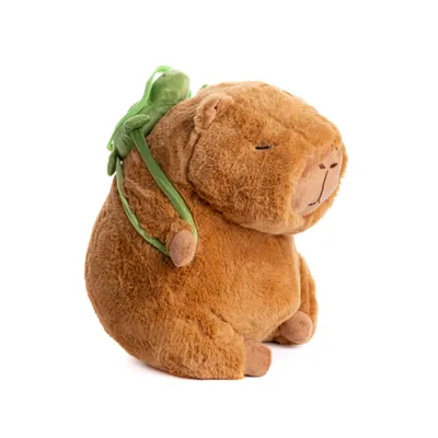 A plush toy capybara with a small green frog on its back, set against a white background.