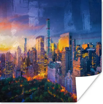Produktbild von MuchoWow® Poster New York - Sonnenuntergang - Gemälde 50x50 cm - Wohnzimmerdekoration