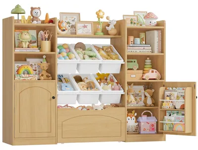 Obrázek produktu pro Dětská police na hračky – dřevěná knihovna s 15 přihrádkami – 8 vyjímatelných boxů – 1 zásuvka – 140,5 × 33 × 108,2 cm – dub