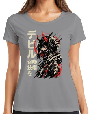 Zdjęcie produktu dla Cyberpunkowa koszulka damska z motywem anime, z motywem diabelskich rogów, maska, styl japoński, Y2K, dla fanów anime, kolor: szary, rozmiar: 3XL