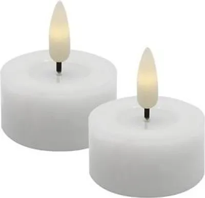 Two white LED tea lights with flickering flames are shown against a white background.