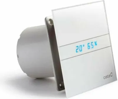 A modern white bathroom exhaust fan with a digital display showing temperature and humidity, against a white background.