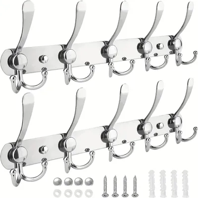 Produktbild von 2 Stück Kleiderhaken Wand mit 5 Haken, Hakenleiste, Garderobenhaken Schwere, Garderobe Wandhaken, Wandgarderobe, Silber