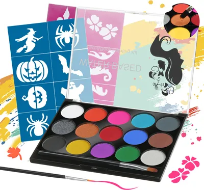 Produktbild von Detský make-up, sada 15 farieb na líčenie, paleta farieb na líčenie, sada na líčenie na tvár, bodypaint, detské farby na telo s 2 štetcami a 2 tetovaniami