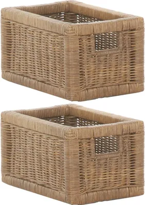 Produktbild von KRINES HOME Stabiles Set / 2 Regalkorb mit Holzrahmen Schubfach aus echtem Rattan / Schübe Box zur Aufbewahrung Regalkorb Schrankkorb Griff (Braun - Hell, Set 20x32x17)