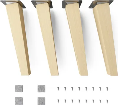 Four wooden furniture legs with metal mounting plates, along with felt pads and screws, are displayed against a white background.