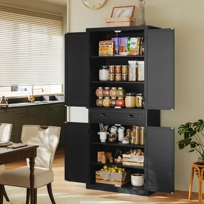 Immagine prodotto di Armadio da cucina, mobiletto alto, dispensa con ante e ripiani, colore nero